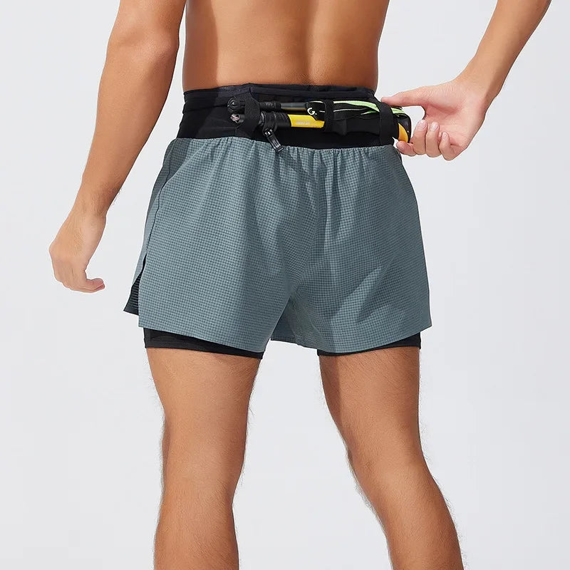 Double Deck Sports Shorts Men 2 in 1 Marathon Fitness Running Shorts Male Short Gym Man Basketball Workout Pants Multi-pocket