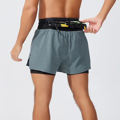 Double Deck Sports Shorts Men 2 in 1 Marathon Fitness Running Shorts Male Short Gym Man Basketball Workout Pants Multi-pocket