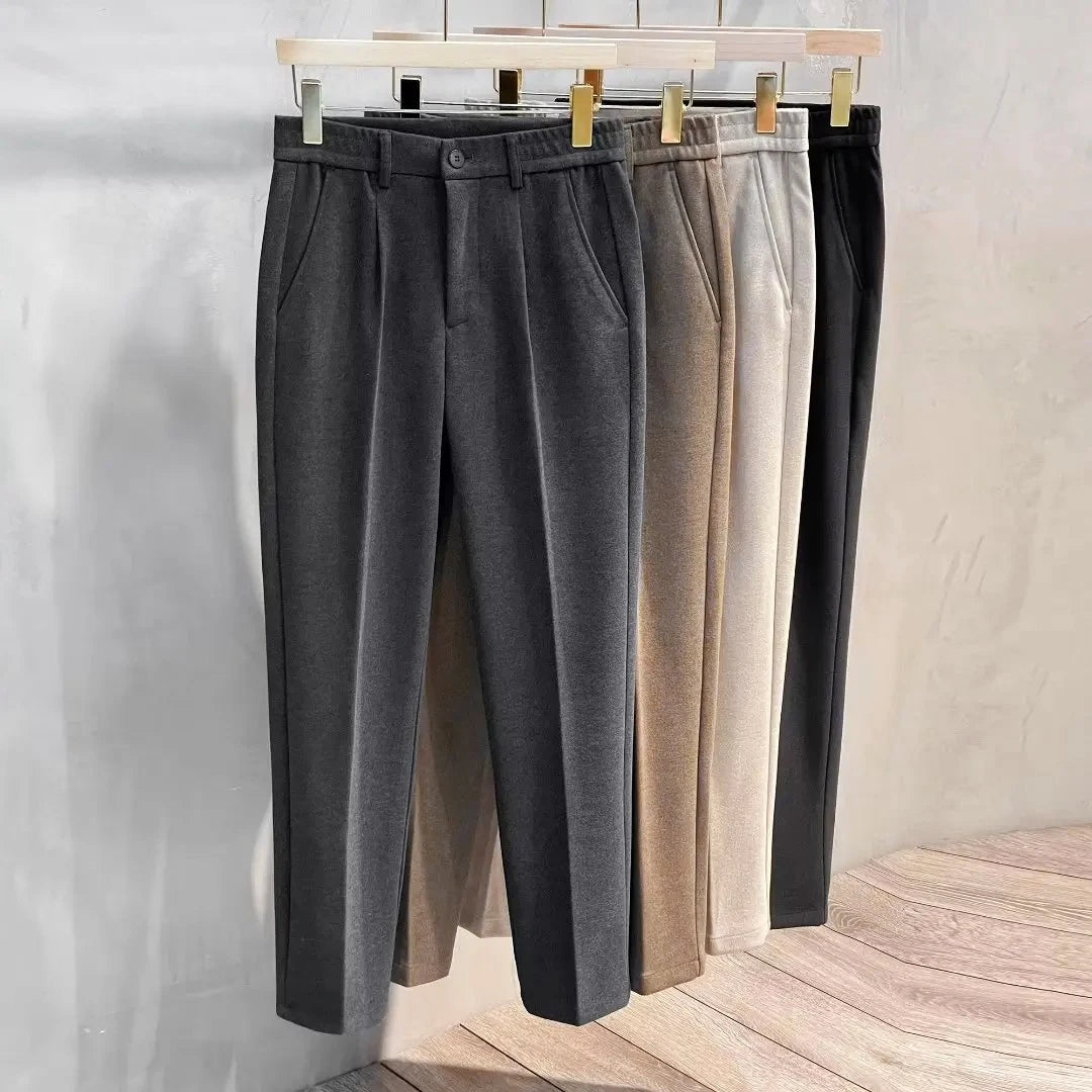 Autumn Winter New Men's Woolen Suit Pants Slim Straight Elastic Waist Formal Business Tapered Brown Trousers