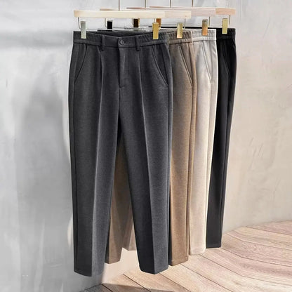 Autumn Winter New Men's Woolen Suit Pants Slim Straight Elastic Waist Formal Business Tapered Brown Trousers