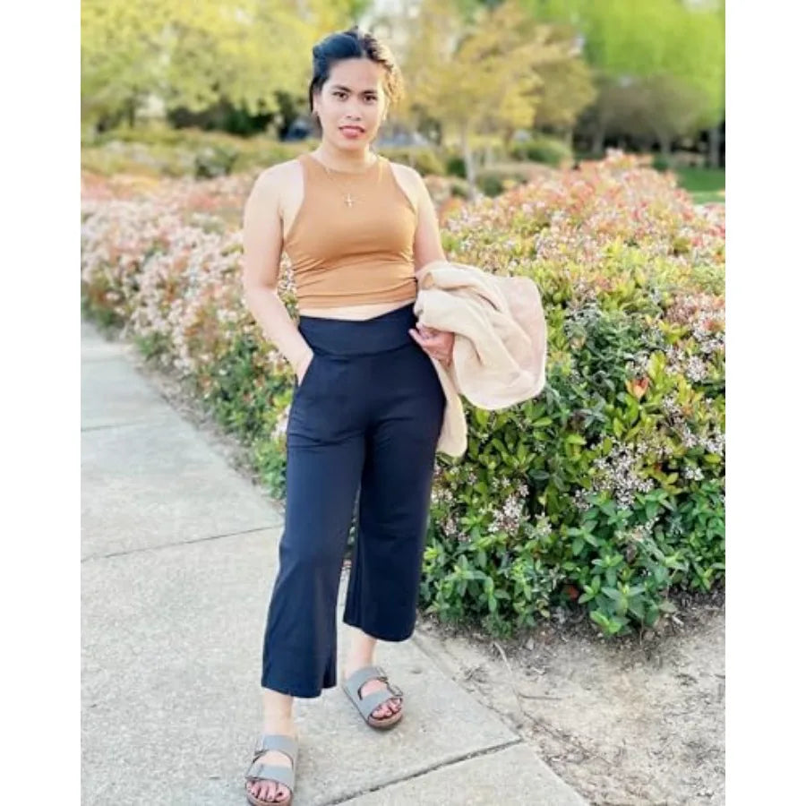 G4Free Capri Pants for Women Wide Leg Yoga Dress Capris with Pockets Cross Loose Casual Work Crop Pants