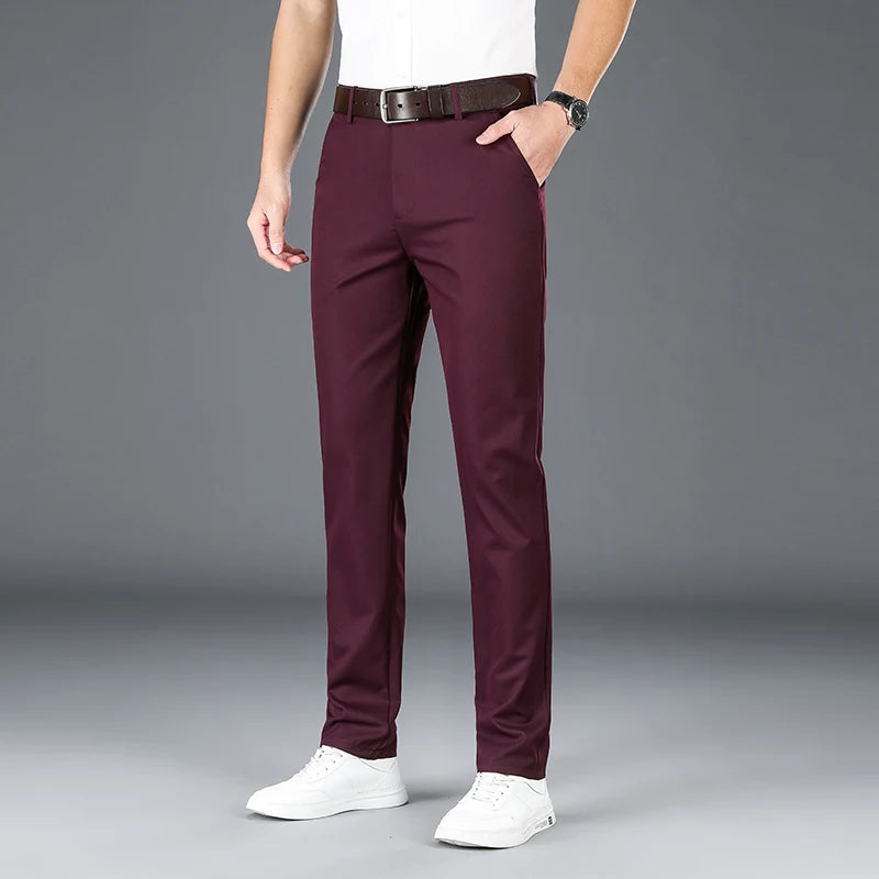 2025 New Men's Business Casual Straight Pants Micro Elastic Burgundy Khaki Black Classic Fashion Brand Four Seasons Trousers