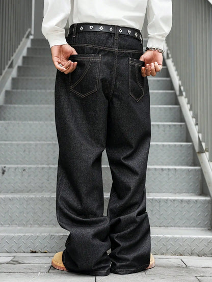 Men's Fashion Trend Casual Patchwork Distressed Flared Black Jeans, Loose, Comfortable, and Breathable Style.