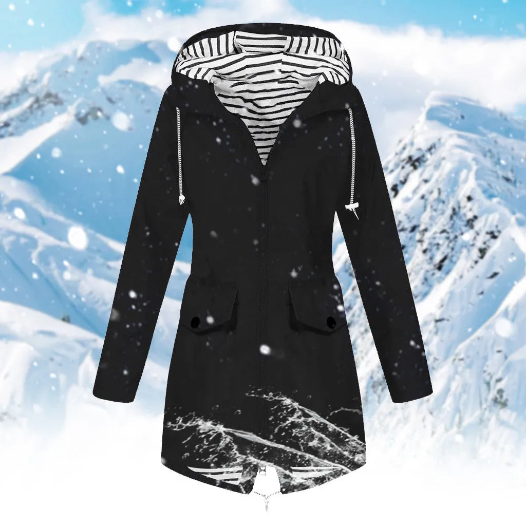 Waterproof Windproof Rain Jacket Womens Fall Winter Striped Lined Mid Length Rain Coat Long Sleeve Zip Up Overcoat Cold Weather
