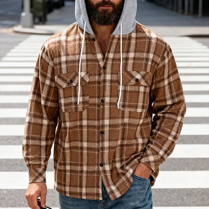 Men's Plaid Flannel Shirt Jacket Detachable Hooded Button-Down Shacket for Casual Wear