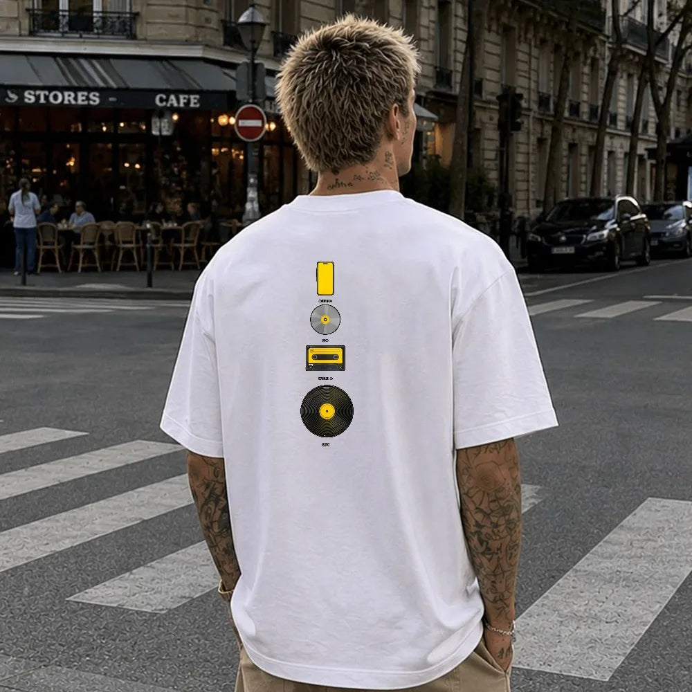 Music Evolution Media Vertical Graphic T-Shirt Men Back Print Cotton Short Sleeve Vinyl Cassette CD Phone Nostalgia Casual Tee