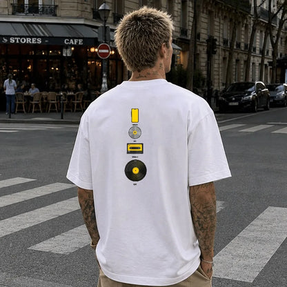 Music Evolution Media Vertical Graphic T-Shirt Men Back Print Cotton Short Sleeve Vinyl Cassette CD Phone Nostalgia Casual Tee