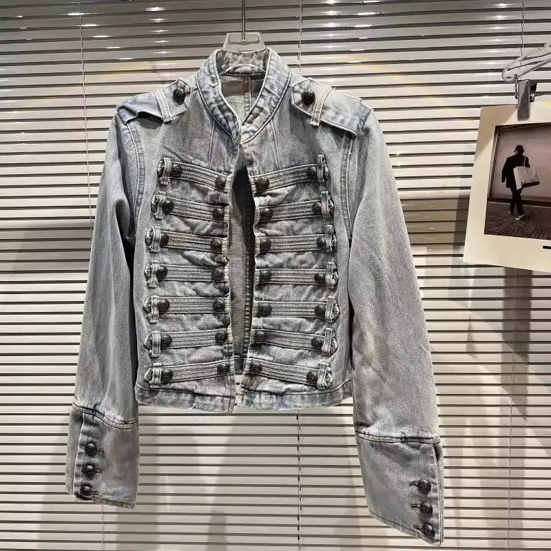 2026 Autumn New Fashion Metal Buckle Design Shoulder Strap Denim Short Jacket For Women High Street Coat Female
