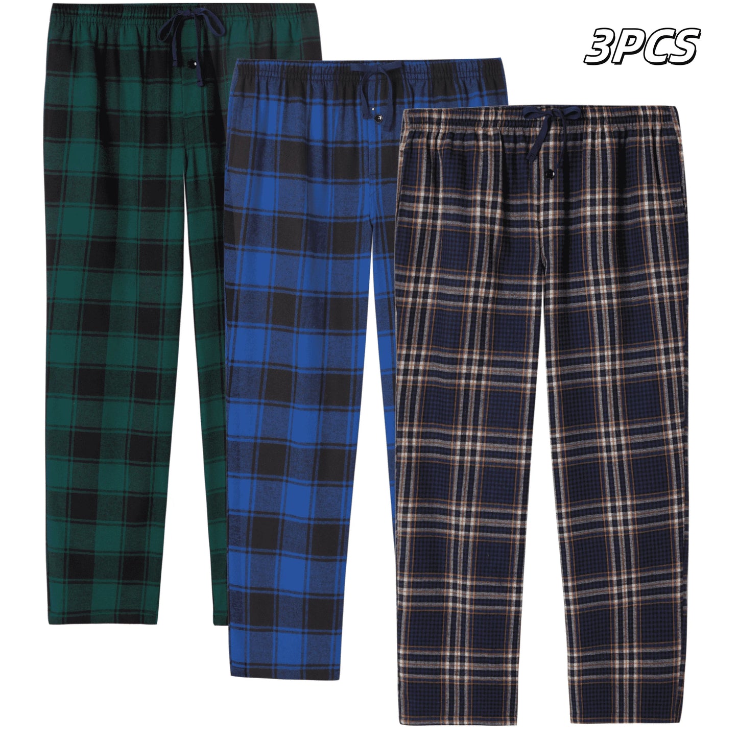 3pcs Men's Pajama Bottoms Autumn/Winter Flannel Plaid Loose Trousers Warm Homewear Pants Male Soft with Pockets Sleepwear