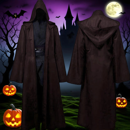 Sorcerer Long Shirt Hooded Black Robe Costume Halloween Cloak Cosplay Costume Wizard Tunic Hooded Robe Adults and Children
