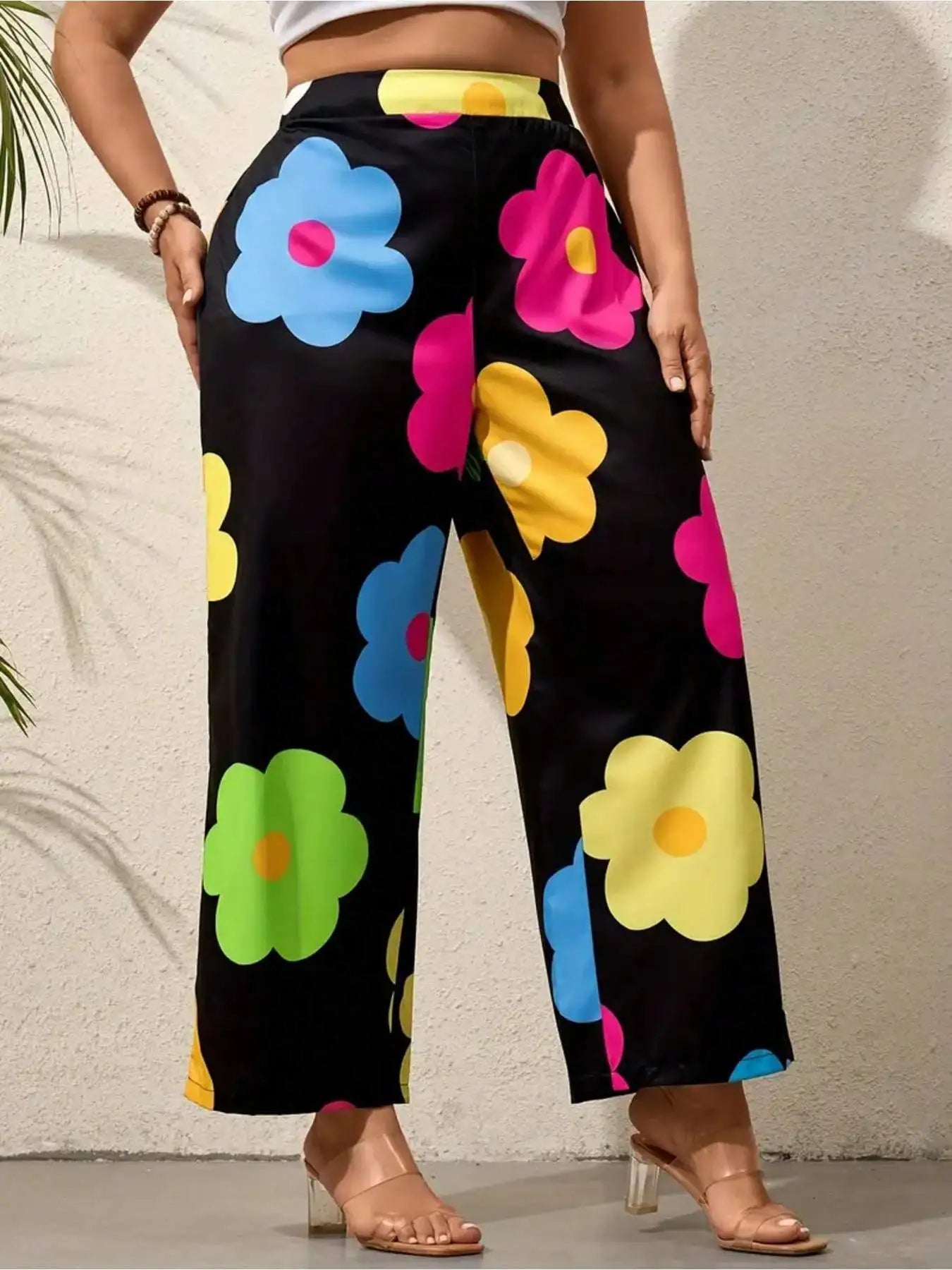 Plus Size Colorful Flower Print Wide Leg Pants, Vacation Style High Waist Pants For Spring & Summer, Women's Plus Size Clothing