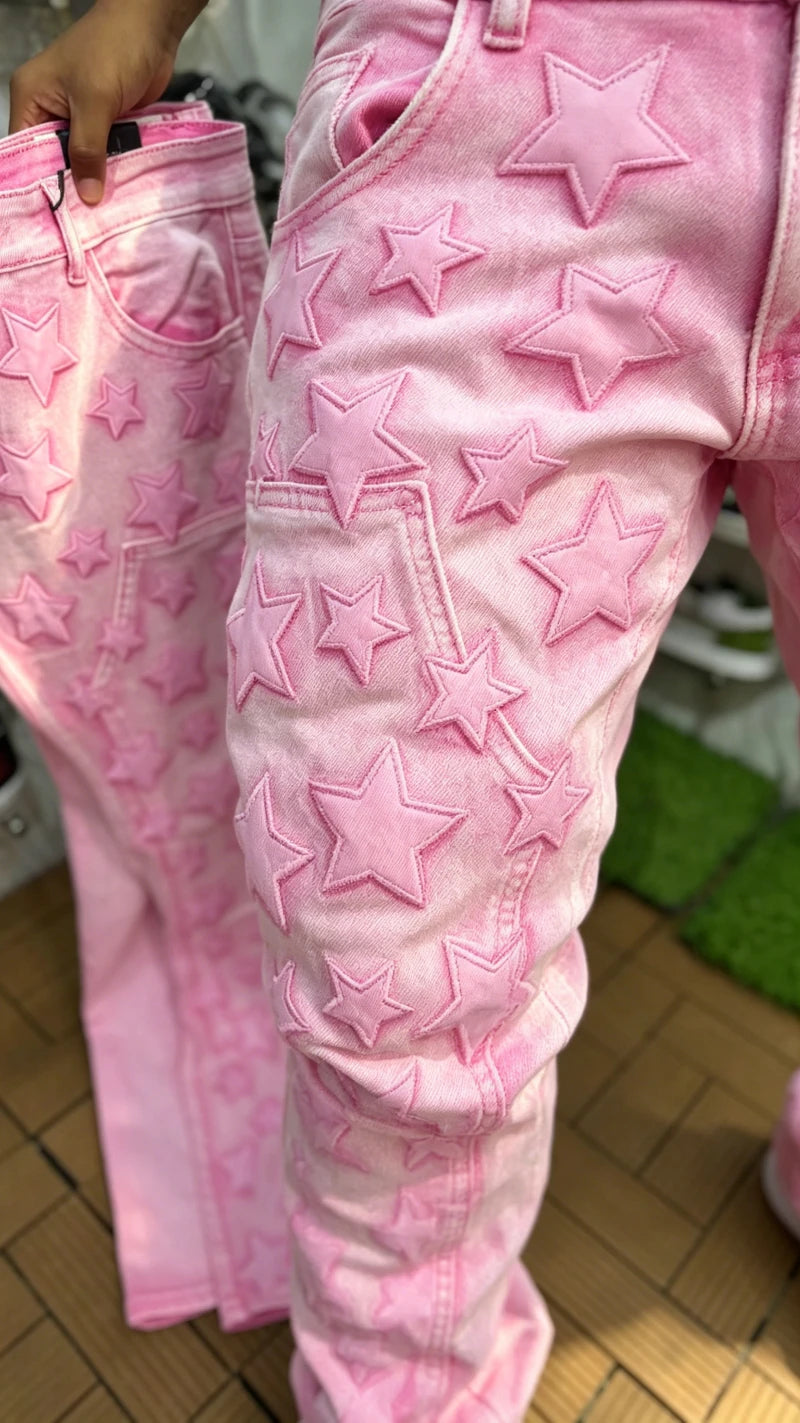 Y2K New Fashion Pink Pattern Patch Loose Jeans Women Gothic Harajuku Hip Hop Casual Joker Wide Leg Denim Trousers