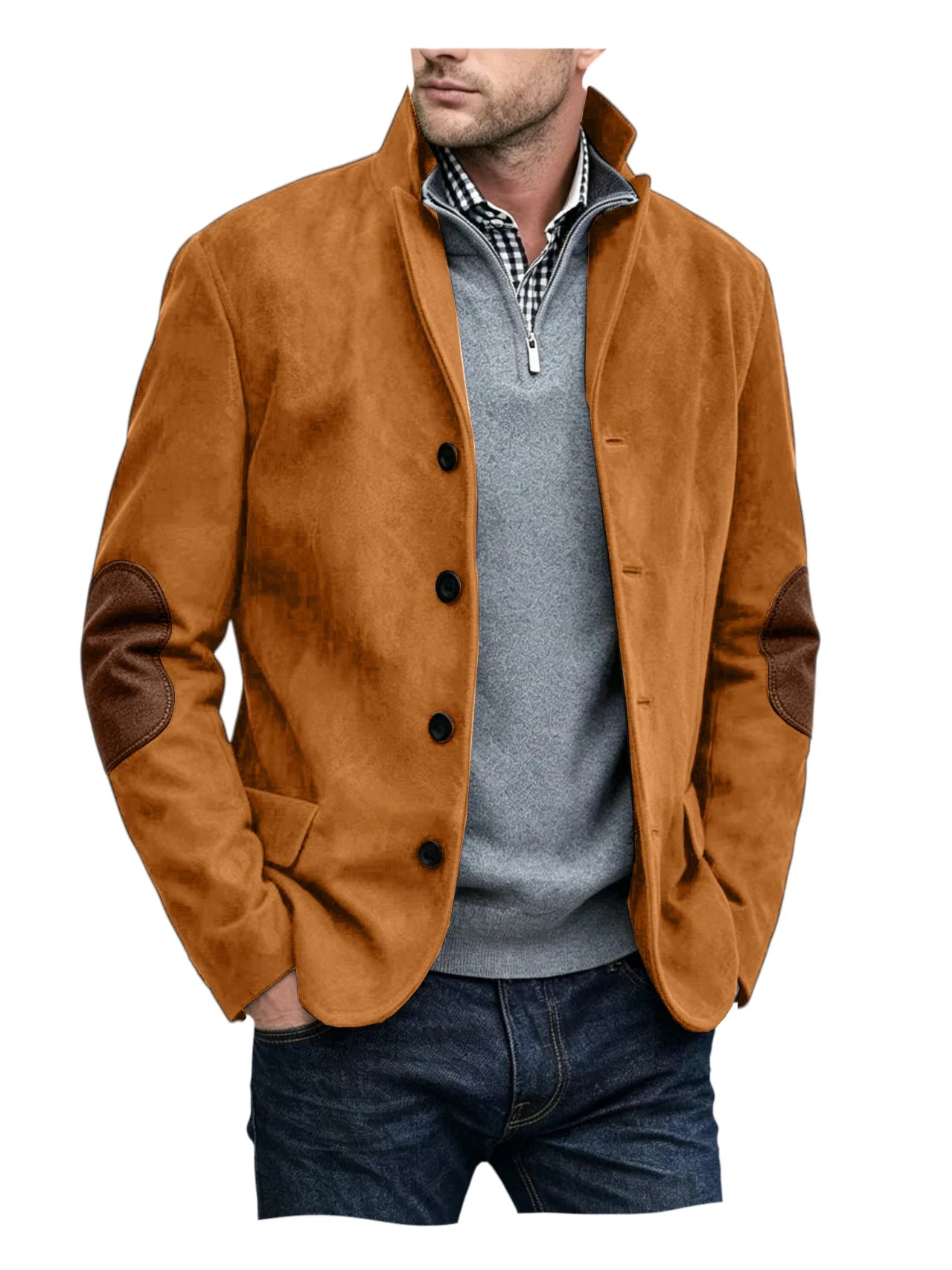 Vintage Men's Suede Blazer Notch Lapel Elbow Patches Slim Fit Jacket Business Casual Men Fashion Outerwear for Spring Autumn