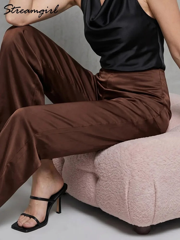 Streamgirl Summer Satin Pants For Women Wide Leg Beige Silk Trousers Long Straight Leg Luxury Pants For Summer Women Elegant
