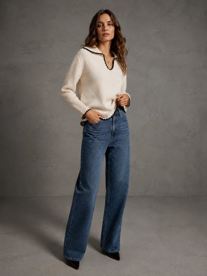 Contrast Trim Peter Pan Collar Sweater for Women, Long Sleeve V‑Neck Loose Fit Knit Pullover Top for Casual Daily Office Fall Winter Wear