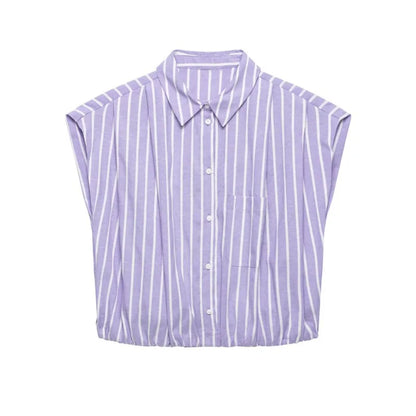 Women's Striped Short Shirts New 2026 Spring Summer Women Simple Sleeveless Puffed Hem Shirts & Blouses Female Chic Tops