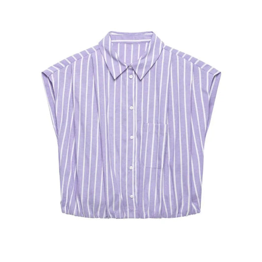Women's Striped Short Shirts New 2026 Spring Summer Women Simple Sleeveless Puffed Hem Shirts & Blouses Female Chic Tops