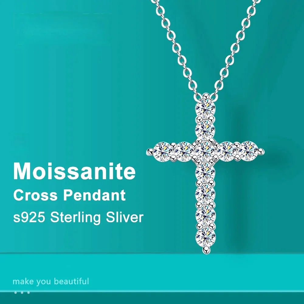 Full Moissanite Cross Pendant Original Sterg Sliver Chain Plated White Gold Fine Necklace For Women Jewelry
