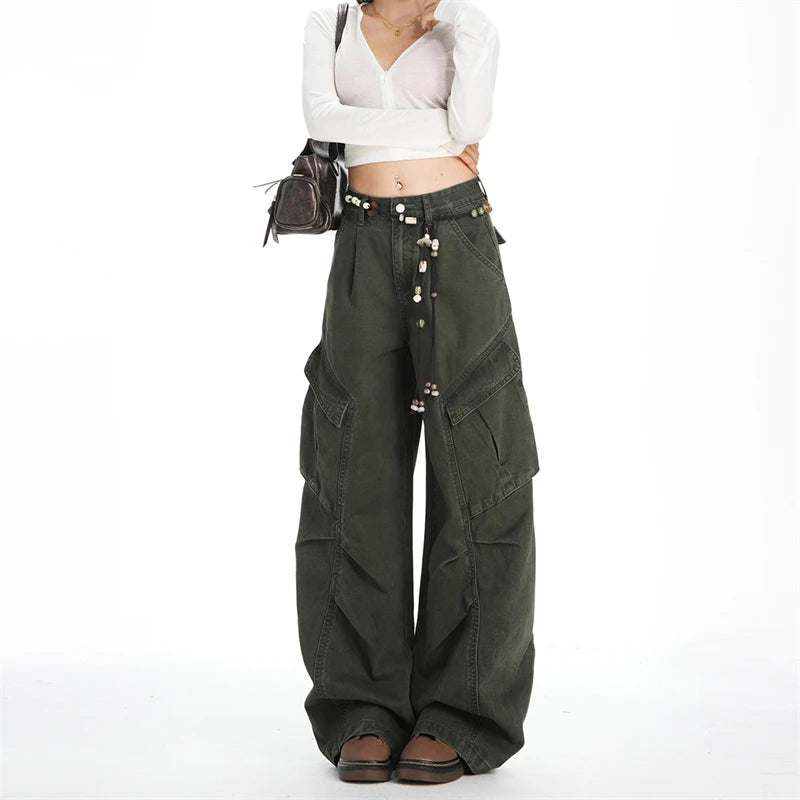 Retro Casual High Waisted Baggy Cargo Jeans Women Washed Distressed Wide Leg Pants Brown Denim Y2K Streetwear Vintage Trousers