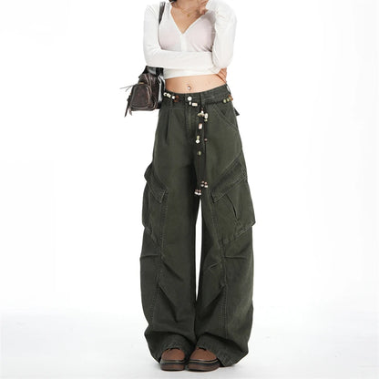 Retro Casual High Waisted Baggy Cargo Jeans Women Washed Distressed Wide Leg Pants Brown Denim Y2K Streetwear Vintage Trousers