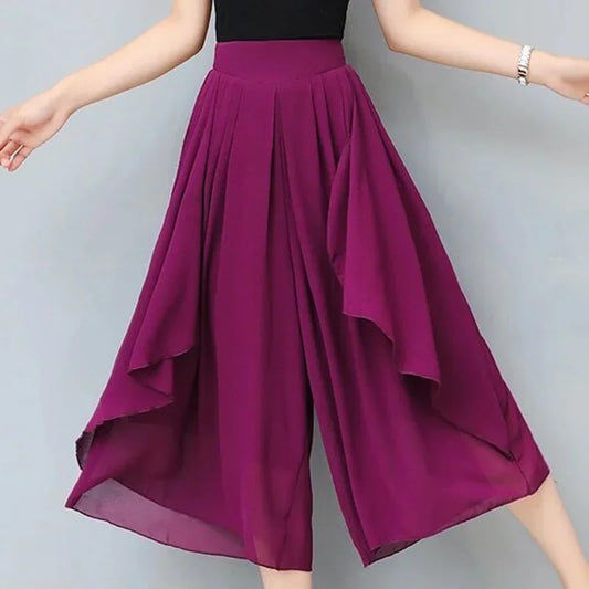 Elegant Solid Color Loose Elastic High Waist Folds Ruffles Capris Women's New Office Lady Commute Irregular Casual Pants
