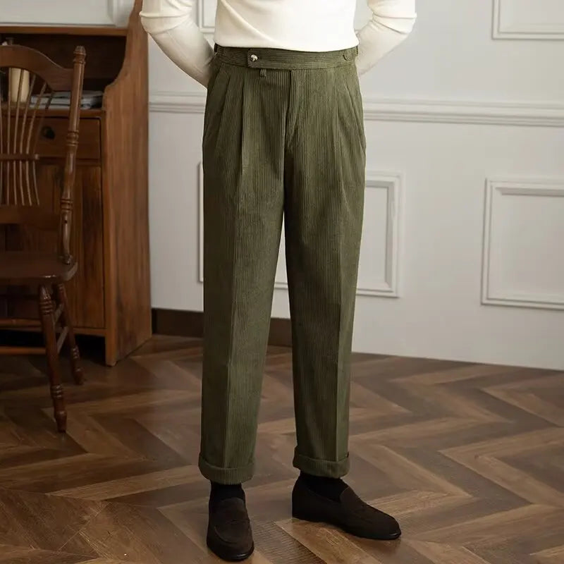 Classics Italian Naples Style Men's Suit Corduroy Pants Men High Waist Straight Work Formal British Business Brand Trousers Male