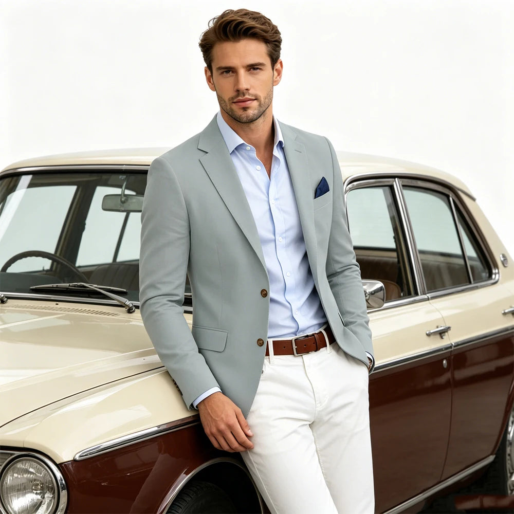 Men's Linen Blend Blazer Notched Lapel Two Button Breathable Suit Jacket For Business Casual Wedding Daily Wear
