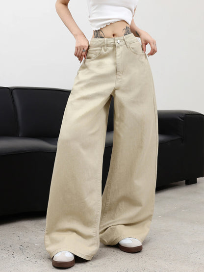 Women's Basic Simple Versatile Solid Color Wide-Leg Jeans, Comfortable And Breathable, Perfect For Street Outings And Travel