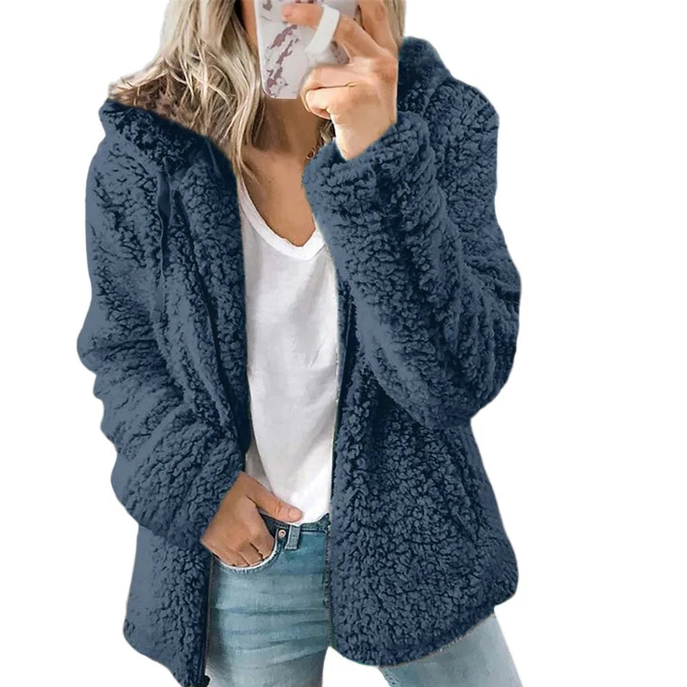 2024 New Women's Hooded Tweed Velvet Autumn and Winter Tops Jacket