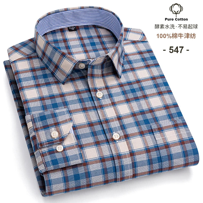 Men's Social Shirts Long Sleeve 100%Pure Cotton Oxford Buttoned Plaid Formal Male Casual Clothes Oversized Shirt Plus Size S-7XL