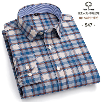 Men's Social Shirts Long Sleeve 100%Pure Cotton Oxford Buttoned Plaid Formal Male Casual Clothes Oversized Shirt Plus Size S-7XL