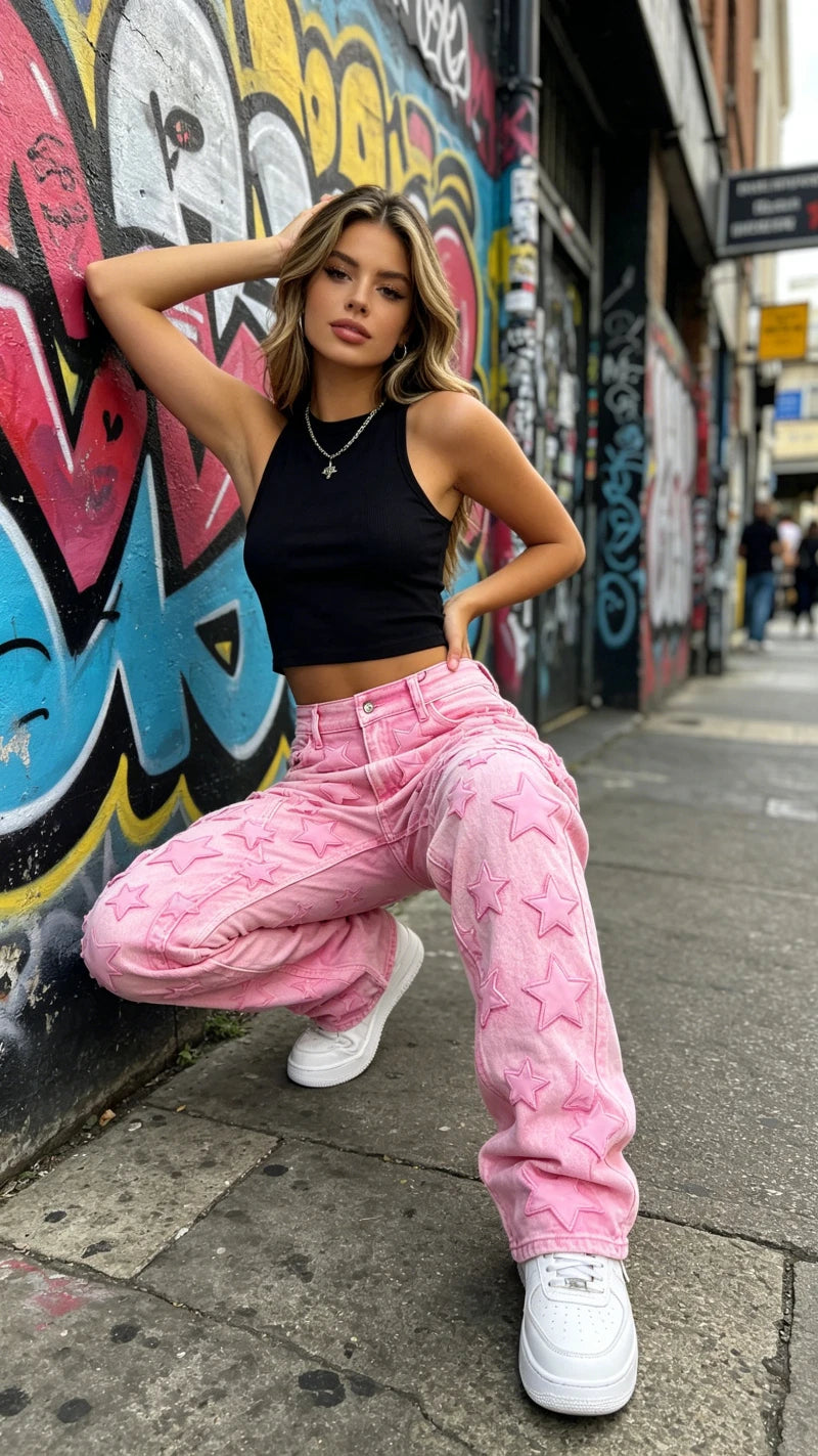 Y2K New Fashion Pink Pattern Patch Loose Jeans Women Gothic Harajuku Hip Hop Casual Joker Wide Leg Denim Trousers