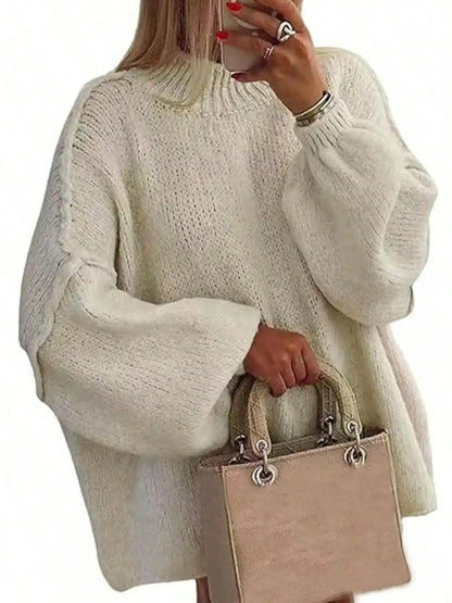 Women's Oversized Pullover Sweaters  Fall Winter Mock Neck Lantern Sleeve Crochet Casual Knitted Jumper Tops Solid Color Loose Blouse