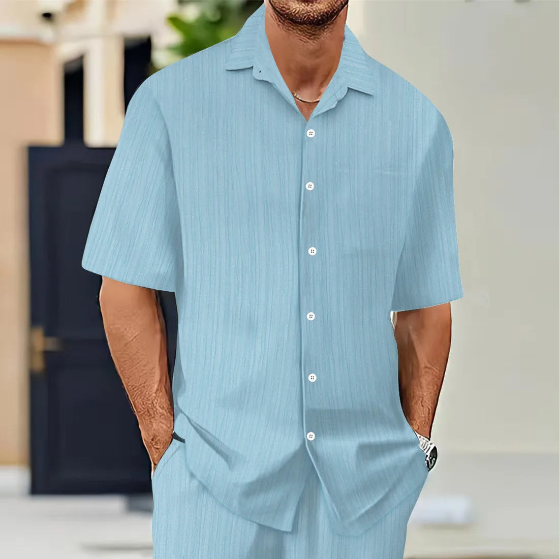Hot Sale Men's Short-Sleeved Shirts Summer Solid Color Turn-down collar Casual Beach Style Plus Size
