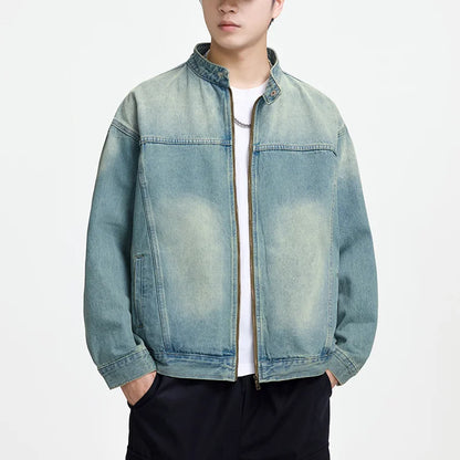 Men's Casual Non-Stretch Denim Jacket High Street Style Zipper Loose Workwear Jacket plus Size Trendy Streetwear Top