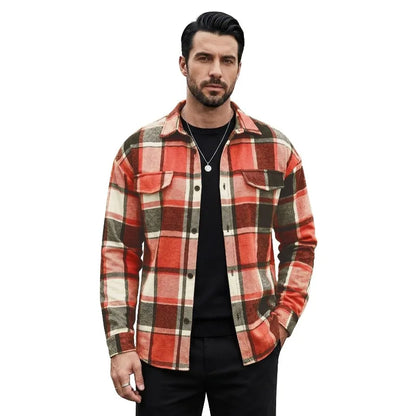 Men's Plaid Flannel Shirt Long Sleeve Button Down Casual Shacket with Flap Pockets Autumn Winter Streetwear Top