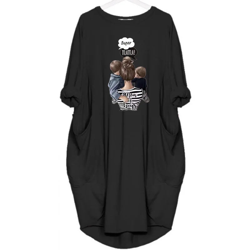Women's Loose  Long Sleeved Summer Plus Size Dress Autumn  Winter Casual Round Neck Solid Color Long Sleeve Pocket Loose Pullove