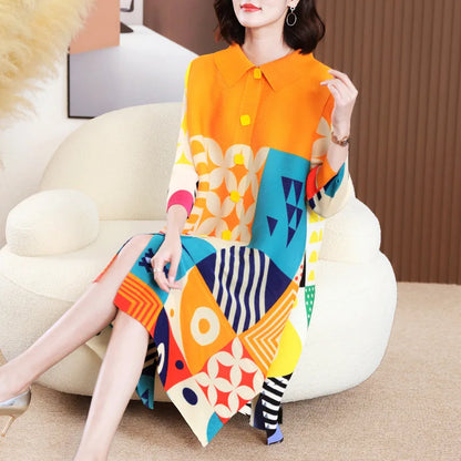 Miyake Pleated Dress Women 2024 Spring New High-End Design Sense Printing Lapel 3/4 Sleeve Single-breasted Fashion Shirt Dresses