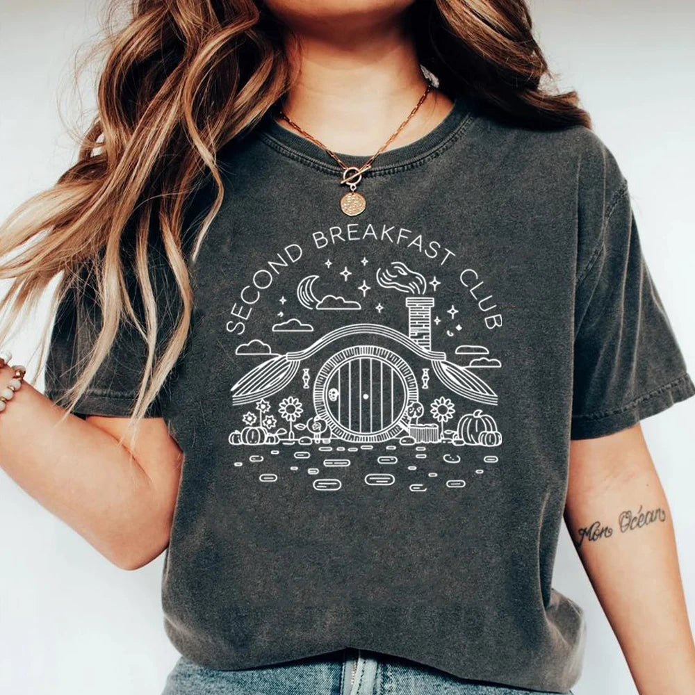 Interesting Second Breakfast Club T-shirt Tolkien Shirt Fan  Movie Fan Gift Women The Lord of The Rings Middle Earth Fan T-shirt