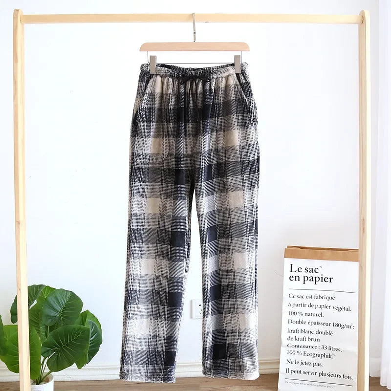 New Autumn and Winter Flannel Men's Pajama Pants Trousers Plus Velvet Thickened Lattice