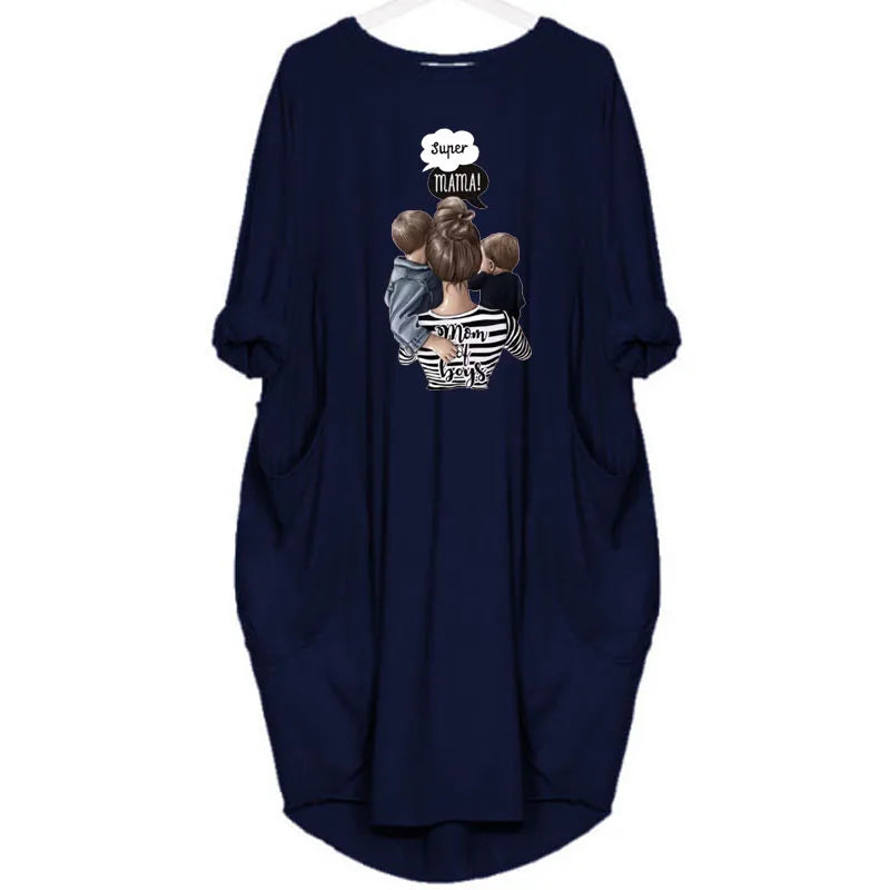Women's Loose  Long Sleeved Summer Plus Size Dress Autumn  Winter Casual Round Neck Solid Color Long Sleeve Pocket Loose Pullove
