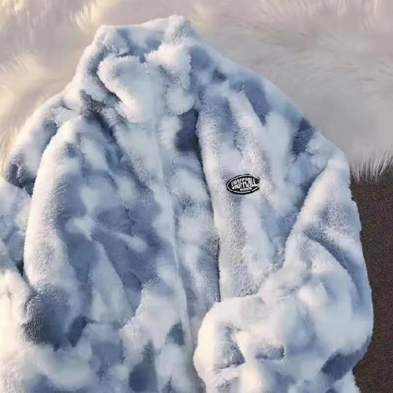New Women's Tie Dye Lamb Fleece Jacket Autumn Winter Zipper Outerwear Warm Plush Jackets