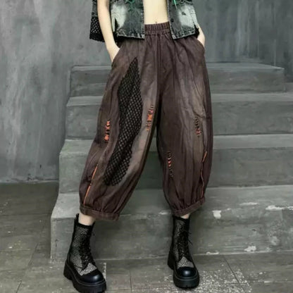 Trendy Cool Thin Denim Jeans Patchwork Mesh Wide-leg Pants Women Summer Loose Fashion Pant LX5815