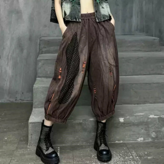 Trendy Cool Thin Denim Jeans Patchwork Mesh Wide-leg Pants Women Summer Loose Fashion Pant LX5815