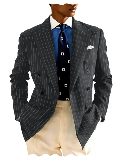 Men's Pinstripe Double Breasted Blazer Classic Peak Lapel Slim Fit Striped Suit Jacket For Party Prom Business Formal Coats