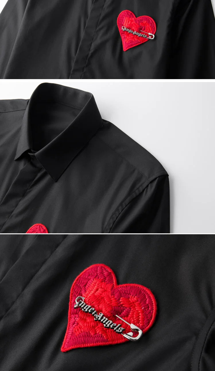 Brand Knitted Love Embroidery Shirt Men Trend Long Sleeved Men Shirt Luxury Social Banquet Party Shirts Streetwear Men Clothing