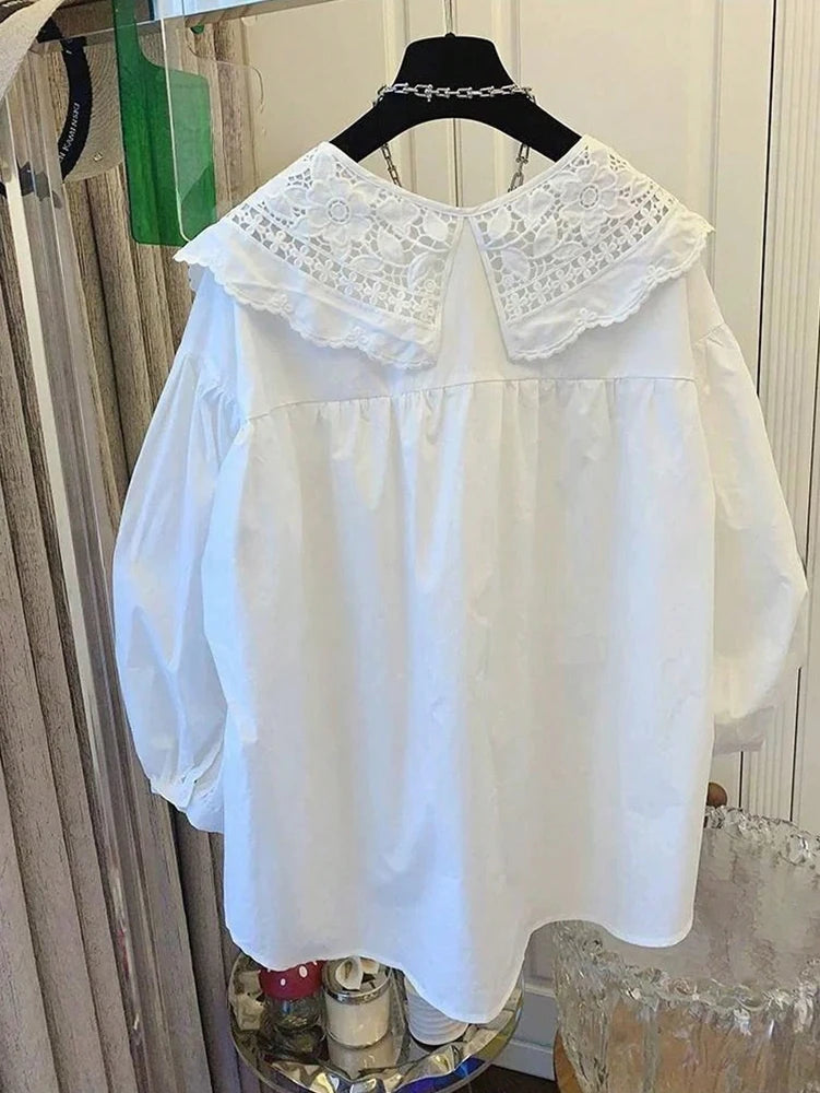 Women's Casual Loose Doll Collar Blouse, Elegant Lace Trim Peter Pan Collar Shirt, Sweet Daily Top for Spring Summer
