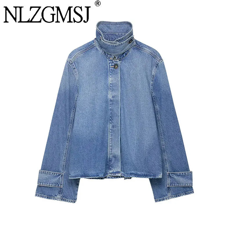 NZLGMSJ 2026 Spring New Women's Street Fashion Denim Jackets Long Sleeves High Neck New Casual Denim Jacket Coats ﻿