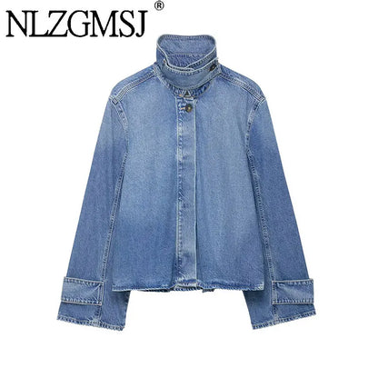 NZLGMSJ 2026 Spring New Women's Street Fashion Denim Jackets Long Sleeves High Neck New Casual Denim Jacket Coats ﻿
