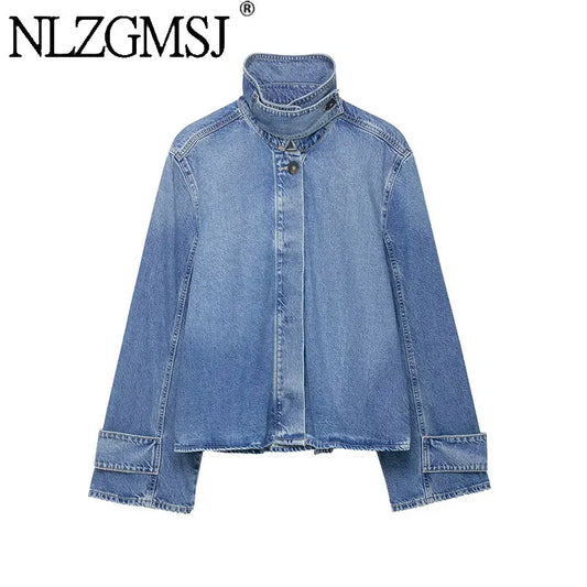 NZLGMSJ 2026 Spring New Women's Street Fashion Denim Jackets Long Sleeves High Neck New Casual Denim Jacket Coats ﻿